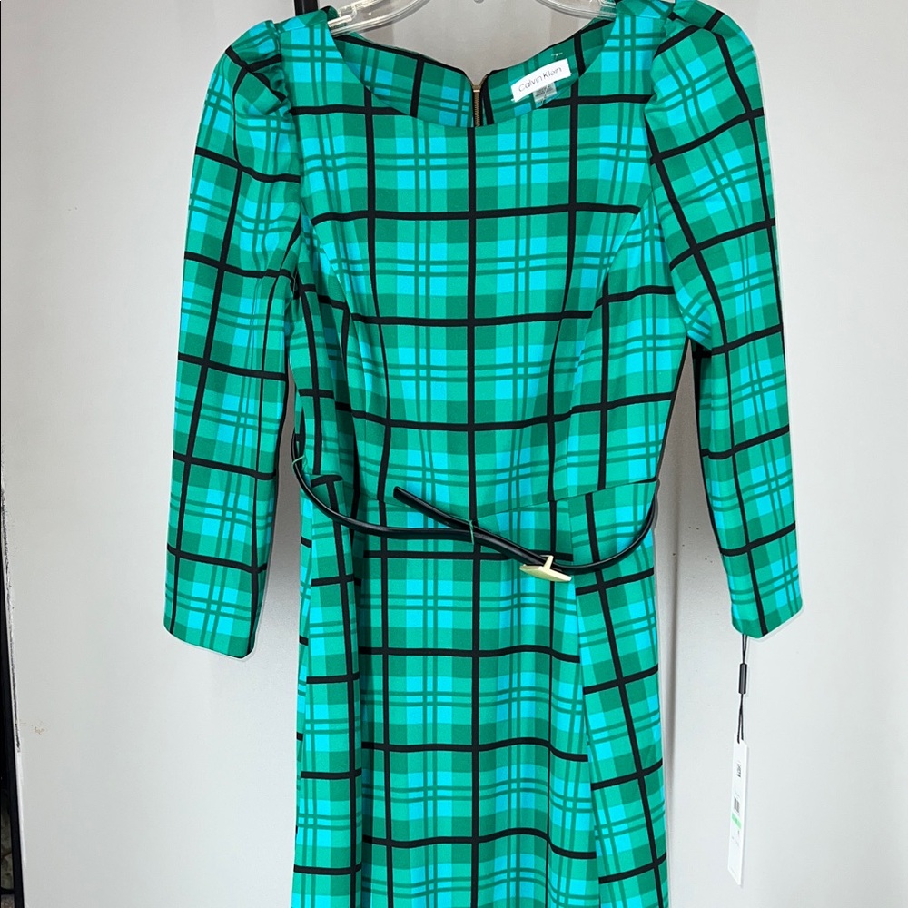 Calvin Klein Green Plaid Long Sleeve Dress